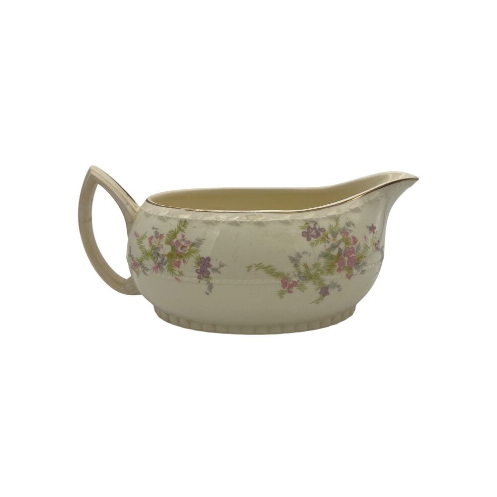 Vintage Crooksville Gravy Boat USA Floral Pattern Pink Purple Gold Trim